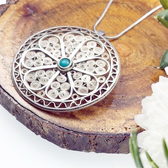 Vintage Israel Brooch Pendant 935 Sterling Silver Turquoise Flower Filigree - Picture 3 of 13